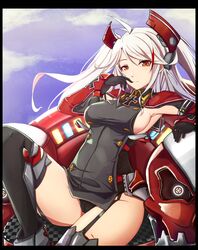  1girl abaino antenna_hair armpits azur_lane bangs black_legwear black_panties blue_sky blush boots border breasts brown_eyes clouds elbow_rest eyebrows_visible_through_hair finger_to_mouth floating_hair garter_straps gloves hair_between_eyes headgear iron_cross jacket knee_up long_hair long_sleeves looking_at_viewer machinery medium_breasts military military_uniform multicolored_hair panties prinz_eugen_(azur_lane) rigging side_cutout sideboob sidelocks sitting sky smile solo streaked_hair swept_bangs thigh-highs thighs two_side_up underwear uniform very_long_hair white_hair 