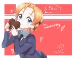  1girl artist_name bangs black_bow black_neckwear blue_eyes blue_sweater bow braid chocolate closed_mouth commentary dress_shirt english girls_und_panzer hair_bow happy_valentine heart highres holding long_sleeves looking_at_viewer necktie orange_hair orange_pekoe outside_border parted_bangs red_background school_uniform shirt short_hair signature smile solo st._gloriana&#039;s_school_uniform standing sweater tied_hair toon_(noin) twin_braids upper_body v-neck valentine white_shirt 
