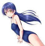  1girl bangs blue_hair blue_swimsuit blush commentary_request cowboy_shot eyebrows_visible_through_hair from_side hair_between_eyes long_hair looking_at_viewer love_live! love_live!_school_idol_project one-piece_swimsuit school_swimsuit simple_background smile solo sonoda_umi steepled_fingers swimsuit white_background yellow_eyes yopparai_oni 