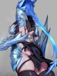  1girl absurdres armor ass backless_outfit blue_hair blue_skin breasts dragon_girl from_behind highres ice kumiko_shiba league_of_legends pauldrons shyvana thigh-highs torn_clothes vambraces 