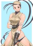  1girl antenna_hair bandanna black_hair bracer breasts grey_eyes hair_pulled_back high_ponytail highres hip_vent ibuki_(street_fighter) kunai long_hair medium_breasts ninja reverse_grip shigenobu smile solo street_fighter street_fighter_iii_(series) very_long_hair weapon 