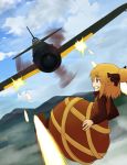  1girl a6m_zero aerial_battle battle bent_elbows blonde_hair blue_sky bow brown_bow brown_footwear brown_shirt brown_skirt bubble_skirt bullet buttons clouds cloudy_sky commentary_request dogfight dutch_angle eyebrows_visible_through_hair eyes_visible_through_hair firing flat_chest flying grin hair_bow hair_bun jitome kide_koushin kurodani_yamame long_sleeves looking_afar medium_hair mountain muzzle_flash outdoors propeller puffy_long_sleeves puffy_sleeves red_eyes shirt skirt skirt_set sky smile solo touhou 