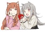  2girls animal_ears apple bangs blunt_bangs blush braid brown_hair drooling eyebrows_visible_through_hair fang food fruit grey_hair head_rest holding holding_food holo long_hair long_sleeves looking_at_another mother_and_daughter multiple_girls myuri_(spice_and_wolf) open_mouth pink_shirt red_eyes shirt sidelocks simple_background smile spice_and_wolf toromera upper_body white_background wolf_ears 