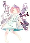  androgynous bare_shoulders barefoot bow closed_eyes japanese_clothes len&#039;en open_mouth pink_hair shion_(len&#039;en) short_hair smile solo traditional_media triangular_headpiece watercolor_(medium) wings 