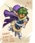  !! 1boy ? armored_boots boots cape character_request gloves green_hair leaf living_(pixiv5031111) male_focus one_piece pumpkin solo sword weapon 