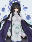 1girl black_hair blue_cape blush breasts bubble cape dress elfenlied22 hair_between_eyes houshin_engi large_breasts long_eyelashes long_hair long_sleeves looking_to_the_side ryuukitsu_koushu solo standing tight very_long_hair violet_eyes water wide_sleeves 