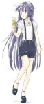  1girl akatsuki_(log_horizon) black_shorts eyebrows_visible_through_hair food full_body hair_between_eyes holding holding_food ice_cream jewelry log_horizon long_hair necklace purple_hair shirt shoes short_shorts short_sleeves shorts simple_background sketch solo suspender_shorts suspenders very_long_hair violet_eyes walking white_background white_shirt zuihou 