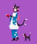 1girl animal animal_ears apron bangs black_footwear black_hair blue_eyes blue_kimono book boots bow cat cat_ears cat_girl cat_tail floral_print hair_ornament high_heel_boots high_heels holding holding_book japanese_clothes kimono long_sleeves maeya_susumu maid_apron multicolored_hair multiple_tails nekomata open_book original print_kimono purple_background red_ribbon ribbon simple_background solo standing striped striped_bow tail two-tone_hair two_tails wa_maid white_apron white_hair wide_sleeves 