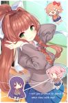  &gt;_&lt; 4girls arare_mochiko bangs blue_skirt blurry blurry_background blush bow brown_hair classroom cowboy_shot day doki_doki_literature_club green_eyes grey_jacket grin hair_bow hair_intakes hands_on_own_face hands_up indoors jacket long_hair long_sleeves looking_at_viewer monika_(doki_doki_literature_club) multiple_girls natsuki_(doki_doki_literature_club) neck_ribbon open_mouth pleated_skirt ponytail red_neckwear red_ribbon ribbon sayori_(doki_doki_literature_club) school school_uniform shiny shiny_hair sidelocks skirt smile solo_focus standing very_long_hair vest window yuri_(doki_doki_literature_club) 