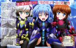  3girls ;d absurdres arm_over_shoulder black_hair black_legwear black_wings blue_eyes blue_hair blush bodysuit brown_hair cropped_jacket fang fingerless_gloves gloves hair_ornament highres hug jacket juliet_sleeves kiso_yuuta long_hair long_skirt long_sleeves looking_at_viewer lyrical_nanoha magical_girl mahou_shoujo_lyrical_nanoha mahou_shoujo_lyrical_nanoha_the_movie_3rd:_reflection material-d material-l material-s multicolored_hair multiple_girls multiple_wings one_eye_closed open_clothes open_jacket open_mouth puffy_sleeves shiny shiny_hair short_hair sidelocks silver_hair sitting skirt smile thigh-highs translation_request twintails two-tone_hair violet_eyes waist_cape wings x_hair_ornament 