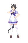  1girl animal_ears black_hair blue_eyes fuji_kiseki full_body grin highres horse_ears horse_tail official_art school_uniform serafuku short_hair smile solo tail thigh-highs transparent_background umamusume zettai_ryouiki 