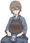  1girl bangs blue_hakama blue_shirt bougu character_name closed_mouth commentary_request eyebrows_visible_through_hair girls_und_panzer hakama hands_on_lap harukon_(halcon) highres japanese_clothes kendo light_frown long_sleeves looking_at_viewer nishizumi_maho seiza shirt short_hair simple_background sitting solo white_background 