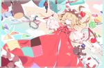  1girl absurdres adapted_costume apple blonde_hair blue_background broken candy candy_cane chains chinese_commentary closed_eyes clouds collared_dress commentary_request cuffs door dress eyebrows_visible_through_hair eyelashes facing_viewer feet_out_of_frame flandre_scarlet food fork frilled_dress frilled_sleeves frills fruit gem gradient gradient_background handcuffs hat hat_ribbon highres knife leaf lollipop lying mob_cap multicolored_neckwear neck_ribbon nutcracker on_back open_mouth outstretched_arms pink_background plate puffy_short_sleeves puffy_sleeves rainbow red_dress red_ribbon ribbon short_hair short_sleeves side_ponytail skeleton sleeping socks solo spread_arms strawberry string_of_flags stuffed_animal stuffed_toy teddy_bear torn touhou toy wall white_hat window wings wrist_cuffs zhixie_jiaobu 