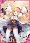  1girl akkijin alchemist_(shinkai_no_valkyrie) biohazard_symbol blonde_hair blue_eyes boots box coat confetti frilled_skirt frills gloves gluteal_fold indoors jumping official_art shinkai_no_valkyrie skirt skirt_lift solo thigh-highs 