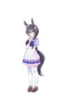  1girl animal_ears black-framed_eyewear blue_eyes braid full_body glasses grey_hair highres horse_ears horse_tail long_hair looking_at_viewer official_art solo tail transparent_background umamusume zenno_rob_roy 
