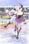  1girl animal_ears armpits bare_shoulders blue_hair blurry blurry_background blurry_foreground breasts centaur closed_eyes commentary dancing depth_of_field detached_sleeves dress feathers garter_straps grey_legwear hair_ornament hand_up highres horse_ears ice_skates jumping large_breasts long_sleeves materclaws monster_girl multicolored_hair original parted_lips pink_hair pleated_skirt purple_dress purple_skirt skates skating skirt smile solo star thigh-highs 