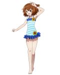  1girl :d armpits barefoot bracelet brown_eyes brown_hair casual_one-piece_swimsuit eyebrows_visible_through_hair flower frilled_swimsuit frills full_body hair_between_eyes jewelry log_horizon minori_(log_horizon) official_art one-piece_swimsuit open_mouth short_hair smile solo standing striped striped_swimsuit sunflower swimsuit transparent_background yellow_flower 