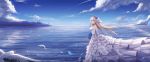  1girl ain_(3990473) alternate_costume bare_shoulders bird blonde_hair blue_eyes blue_flower bouquet breasts bridal_veil clouds day dress elbow_gloves flower gloves highres large_breasts layered_dress lexington_(zhan_jian_shao_nyu) long_hair looking_at_viewer ocean outdoors seagull sideboob sky smile solo standing standing_on_liquid strapless strapless_dress veil wedding_dress white_dress white_gloves zhan_jian_shao_nyu 