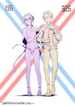  1boy 1girl absurdres adjusting_clothes artist_name bangs belt cardigan closed_mouth collared_shirt darling_in_the_franxx eyebrows_visible_through_hair glasses gorgeous_mushroom hair_bun hair_slicked_back hand_on_another&#039;s_shoulder highres ikuno_(darling_in_the_franxx) jacket limited_palette looking_at_viewer mitsuru_(darling_in_the_franxx) one_eye_closed open_clothes open_jacket pants parted_bangs serious shirt shoes standing standing_on_one_leg wing_collar 