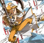  1girl anchor belt brown_eyes brown_hair dolphin fingerless_gloves gloves guilty_gear hat huge_weapon may_(guilty_gear) orange_hat pirate pirate_hat skull_and_crossbones sleeveless solo weapon ysk! 