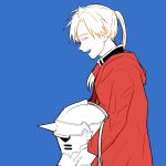  1boy ^_^ alphonse_elric blue_background closed_eyes coat conqueror_of_shambala fullmetal_alchemist gloves happy helmet long_hair male_focus open_mouth ponytail profile red_coat simple_background smile standing 