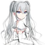  1girl absurdres bangs bent_elbow blue_eyes breasts commentary detached_sleeves dress eyebrows_visible_through_hair grey_hair hair_between_eyes highres juliet_sleeves long_hair long_sleeves looking_at_viewer misteor original puffy_sleeves solo twintails white_background white_dress 
