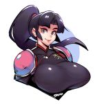  1girl artist_name black_hair breasts brown_eyes commentary hair_intakes huge_breasts inuyasha lips long_hair ponytail sango shoulder_pads signature simple_background solo upper_body white_background zako_(arvinry) 