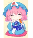  1girl :t ^_^ blue_hat blue_kimono blue_neckwear blush center_frills checkered chibi closed_eyes collar commentary_request dango eating facing_viewer food foodgasm frilled_collar frills hand_on_own_cheek hat holding holding_food japanese_clothes kimono long_sleeves mob_cap neck_ribbon obi pink_hair rei_(tonbo0430) ribbon saigyouji_yuyuko sash short_hair sitting solo touhou triangular_headpiece two-tone_background veil wagashi white_background wide_sleeves yellow_background zabuton 