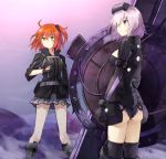  2girls ahoge alternate_costume ass bangs belt_pouch black_gloves black_legwear bodysuit boots breasts command_spell commentary_request cross-laced_footwear eyebrows_visible_through_hair fate/grand_order fate_(series) feet_out_of_frame fujimaru_ritsuka_(female) gloves hair_ornament hair_over_one_eye hair_scrunchie headgear jacket lavender_hair long_sleeves looking_at_viewer looking_away mash_kyrielight medium_breasts medium_hair multiple_girls one_side_up orange_hair pleated_skirt scrunchie shield short_hair skirt somechime_(sometime1209) standing thigh-highs v-shaped_eyebrows violet_eyes yellow_eyes 