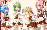  4girls :q alternate_costume antennae apron bird_wings blonde_hair blue_bow blue_hair bow brown_eyes brown_skirt cirno closed_eyes cowboy_shot enmaided feathered_wings food from_behind fruit gate green_eyes green_hair hair_bow hair_ribbon hand_on_own_chest hand_to_forehead hands_on_hips leaning_forward looking_at_viewer looking_back maid maid_headdress multiple_girls mystia_lorelei open_mouth parfait pink_background pink_hair pocky puffy_short_sleeves puffy_sleeves red_eyes ribbon rumia shirt short_sleeves skirt skirt_hold smile standing strawberry suzunooto_shirasu team_9 thigh-highs tongue tongue_out touhou tray two-tone_background v waist_apron white_background white_legwear white_shirt wings wriggle_nightbug zettai_ryouiki 