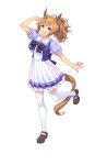  1girl animal_ears blue_eyes breasts full_body highres horse_ears horse_tail large_breasts official_art solo standing standing_on_one_leg taiki_shuttle tail thigh-highs transparent_background umamusume zettai_ryouiki 