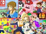  3girls 5boys absurdres adeleine ao_hito armor arms_(game) blonde_hair blue_eyes blue_hair blush breasts brown_hair cappy_(mario) cleavage crossover dark_skin domino_mask dress facial_hair gloves goomba hat highres hoshi_no_kirby jewelry kirby kirby:_star_allies kirby_(series) kirby_64 large_breasts link long_hair mario mask metroid mustache mythra_(xenoblade) nintendo_switch overalls pink_hair pointy_ears pompadour samus_aran short_hair smile splatoon splatoon_2 spring_man_(arms) suction_cups super_mario_bros. super_mario_odyssey super_smash_bros. tentacle_hair the_legend_of_zelda the_legend_of_zelda:_breath_of_the_wild toaster_(arms) white_gloves wings xenoblade_(series) xenoblade_2 yellow_eyes yoshi 