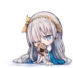  1girl anastasia_(fate/grand_order) barefoot beni_shake blue_cloak blue_eyes blush bow brown_hair chibi commentary_request covered_mouth fate/grand_order fate_(series) hair_bow hair_over_one_eye long_hair lowres silver_hair sitting solo very_long_hair white_background yellow_bow yellow_hairband 