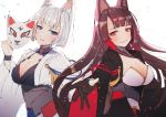  2girls aiguillette akagi_(azur_lane) animal_ears azur_lane bangs black_hair black_legwear blue_eyes blunt_bangs blush breasts brown_hair choker cleavage collar commentary_request confetti eyeshadow floating_hair fox_ears fox_mask gloves hair_ornament half-closed_eyes hanato_(seonoaiko) holding holding_mask japanese_clothes kaga_(azur_lane) large_breasts long_hair looking_at_viewer makeup mask multiple_girls parted_lips partly_fingerless_gloves petals pleated_skirt reaching_out red_eyes red_skirt rigging short_hair simple_background skirt smile thigh-highs thighs white_background white_hair wide_sleeves work_in_progress wrist_straps 