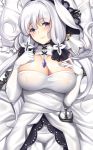  1girl ahoge azur_lane bangs bed_sheet blue_eyes blush breasts closed_mouth cross dakimakura dress elbow_gloves eyebrows_visible_through_hair gloves hands_up headdress illustrious_(azur_lane) jewelry large_breasts long_hair looking_at_viewer lying mole mole_under_eye necklace on_back pillow silver_hair smile solo tony_guisado upper_body white_dress white_gloves 