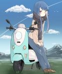 1girl agaki_anko ankle_boots bangs black_scarf blue_hair blue_pants blue_sky blush boots brown_footwear brown_sweater clouds condensation_trail day eyebrows_visible_through_hair from_side full_body grass highres long_sleeves looking_at_viewer looking_to_the_side moped mountainous_horizon own_hands_together pants scarf shima_rin short_hair_with_long_locks sidelocks sitting sky solo violet_eyes yurucamp 