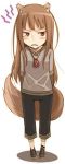  1girl animal_ears arms_behind_back ayakura_juu black_pants brown_eyes brown_footwear brown_hair full_body holo long_hair looking_away lowres novel_illustration official_art pants shadow shoes simple_background solo spice_and_wolf standing tail very_long_hair white_background wolf_ears wolf_tail 
