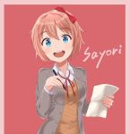  1girl :d bangs blazer blue_eyes border bow brown_hair character_name collared_shirt david_dai doki_doki_literature_club eyebrows_visible_through_hair grey_jacket hair_bow hand_up holding holding_paper holding_pen jacket long_sleeves looking_at_viewer neck_ribbon open_mouth paper pen red_background red_bow red_neckwear red_ribbon ribbon round_teeth sayori_(doki_doki_literature_club) school_uniform shirt short_hair simple_background smile solo tareme teeth upper_body vest white_shirt wing_collar 