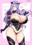  1girl black_panties breasts camilla_(fire_emblem_if) center_opening cleavage deviantart_username fire_emblem groin hair_ornament hair_over_one_eye heart horns huge_breasts kainkout long_hair navel panties purple_hair smile solo tiara underwear vambraces very_long_hair violet_eyes 