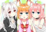  3girls ahoge animal_ears bell black_dress blue_eyes brown_hair cat_ears choker detached_sleeves dress finger_to_face fox_ears hair_ornament hairclip hinata_channel jingle_bell kemomimi_vr_channel long_hair low_twintails mikoko_(kemomimi_vr_channel) multiple_girls nekomiya_hinata nora_cat nora_cat_channel open_mouth paw_pose pink_hair pink_shirt red_eyes shirt silver_hair smile twintails two_side_up upper_body vest virtual_youtuber white_vest 