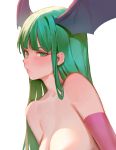  1girl bangs bare_shoulders black_lagoon blush breasts cleavage commentary ears_visible_through_hair green_hair head_wings looking_at_viewer morrigan_aensland open_mouth solo tim_loechner 