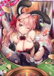  1girl ;) akkijin animal_ears arm_support bangs bare_shoulders black_bow black_gloves black_hairband black_legwear black_neckwear blush bow bowtie braid breasts bunny_girl bunny_tail bunnysuit card_(medium) carrot carrot_hair_ornament casino cleavage closed_mouth detached_collar eyebrows_visible_through_hair fake_animal_ears fake_tail falling fishnets food_themed_hair_ornament fortuna_(shinkai_no_valkyrie) frilled_legwear frilled_leotard frills from_above gloves hair_between_eyes hair_ornament hairband hand_up head_tilt index_finger_raised indoors lace large_breasts leaning_forward legs_together leotard light_smile long_hair long_ponytail looking_at_viewer number official_art one_eye_closed pink_hair poker_chip ponytail rabbit_ears red_bow red_neckwear roulette roulette_table shinkai_no_valkyrie sideboob sidelocks smile solo sparkle standing straight_hair strapless strapless_leotard tail thigh-highs very_long_hair waist_cape wrist_cuffs yellow_eyes 