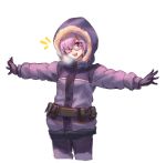  /\/\/\ 1girl athenawyrm belt belt_pouch black-framed_eyewear black_gloves blush breath coat cowboy_shot cropped_legs fate/grand_order fate_(series) fur-trimmed_hood glasses gloves hair_over_one_eye hood hood_up hooded_coat long_sleeves looking_at_viewer mash_kyrielight outstretched_arms pants pink_hair purple_coat purple_pants shiny shiny_hair short_hair simple_background solo spread_arms standing violet_eyes white_background winter_clothes winter_coat 
