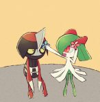  :d beige_background claws creature eye_contact flower full_body gen_3_pokemon gen_5_pokemon hair_flower hair_ornament kirlia looking_at_another open_mouth pawniard pokemon pokemon_(creature) red_eyes shiwo_(siwosi) simple_background sitting smile yellow_eyes 