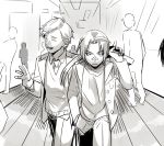  2boys alphonse_elric bandaid brothers coat edward_elric eyebrows_visible_through_hair fingernails formal fullmetal_alchemist greyscale hand_in_pocket long_hair looking_away male_focus monochrome multiple_boys necktie open_mouth pants ponytail short_hair siblings smile suitcase walking 
