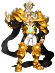  1boy alpha_transparency armor beard boots closed_mouth cross crown facial_hair fate/extella fate/extella_link fate/extra fate_(series) full_body gold_armor gold_footwear highres karl_der_grosse_(fate) long_hair male_focus pectorals smile solo transparent_background wada_aruko white_hair 