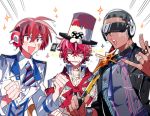  3boys \m/ arsloid bandaid_on_cheek black_jacket clenched_hands cyber_songman dark_skin dark_skinned_male fukase hat head_flag headphones jacket lowres male_focus multiple_boys neon_trim no_pupils red_eyes red_sclera redhead scar shaved_head smile sunglasses sword top_hat vocaloid vy2 vy2_(vocaloid3) weapon wet 