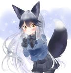  1girl animal_ears black_bow black_gloves black_hair black_legwear black_skirt blush bow bowtie commentary_request fox_ears fox_tail fur-trimmed_sleeves fur_trim gloves gradient_hair hair_between_eyes hekicho highres kemono_friends leaning_forward long_hair looking_at_viewer multicolored_hair pantyhose pleated_skirt silver_fox_(kemono_friends) silver_hair skirt snowflakes solo tail very_long_hair yellow_eyes 