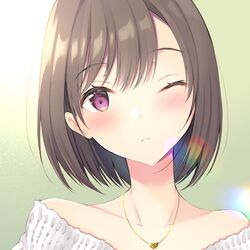  1girl bangs bare_shoulders blush brown_hair collarbone eyebrows_visible_through_hair head_tilt heart heart_necklace highres looking_at_viewer off-shoulder_shirt one_eye_closed original shirt solo ueno_tomo violet_eyes white_shirt 