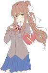  &gt;:) 1girl absurdres bangs blazer blue_skirt blush bow box breasts brown_hair closed_mouth collared_shirt cowboy_shot doki_doki_literature_club eyebrows_visible_through_hair gift gift_box giving green_eyes grey_jacket hair_bow hair_intakes hand_on_own_chest heart-shaped_box highres holding holding_gift incoming_gift jacket littlehobby long_hair long_sleeves looking_at_viewer medium_breasts monika_(doki_doki_literature_club) neck_ribbon pleated_skirt ponytail red_neckwear red_ribbon ribbon school_uniform shirt sidelocks simple_background skirt smile solo standing v-shaped_eyebrows valentine vest white_background white_bow white_shirt wing_collar 